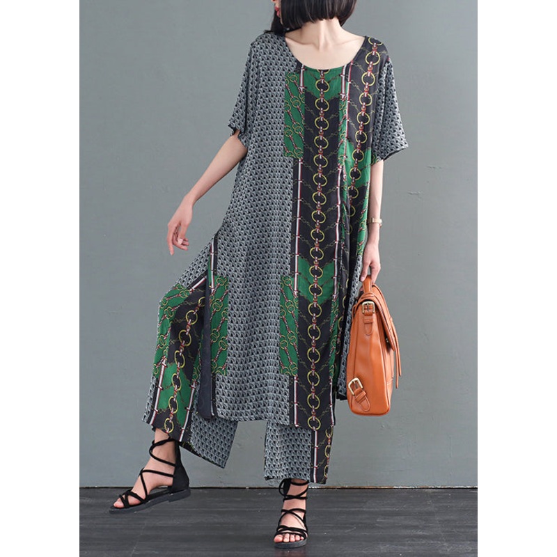 Unique Asymmetrical Print Side Open Silk Two Pieces Set Fall