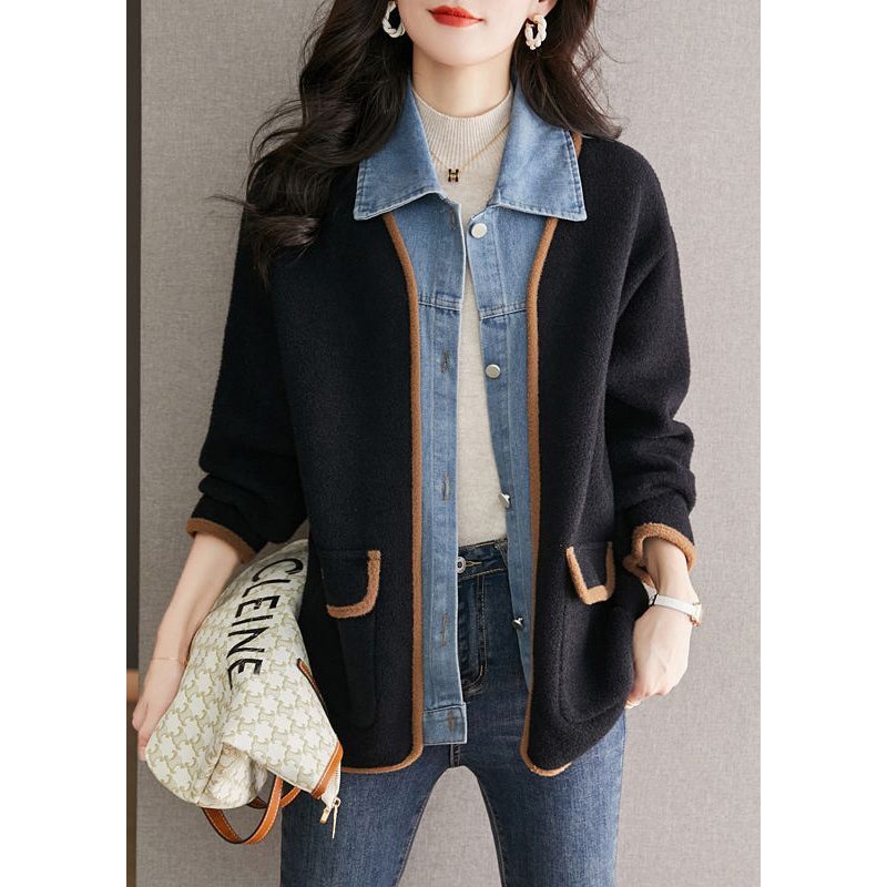 Unique Black Peter Pan Collar Denim Patchwork Woolen Fake Two Piece Coat Fall