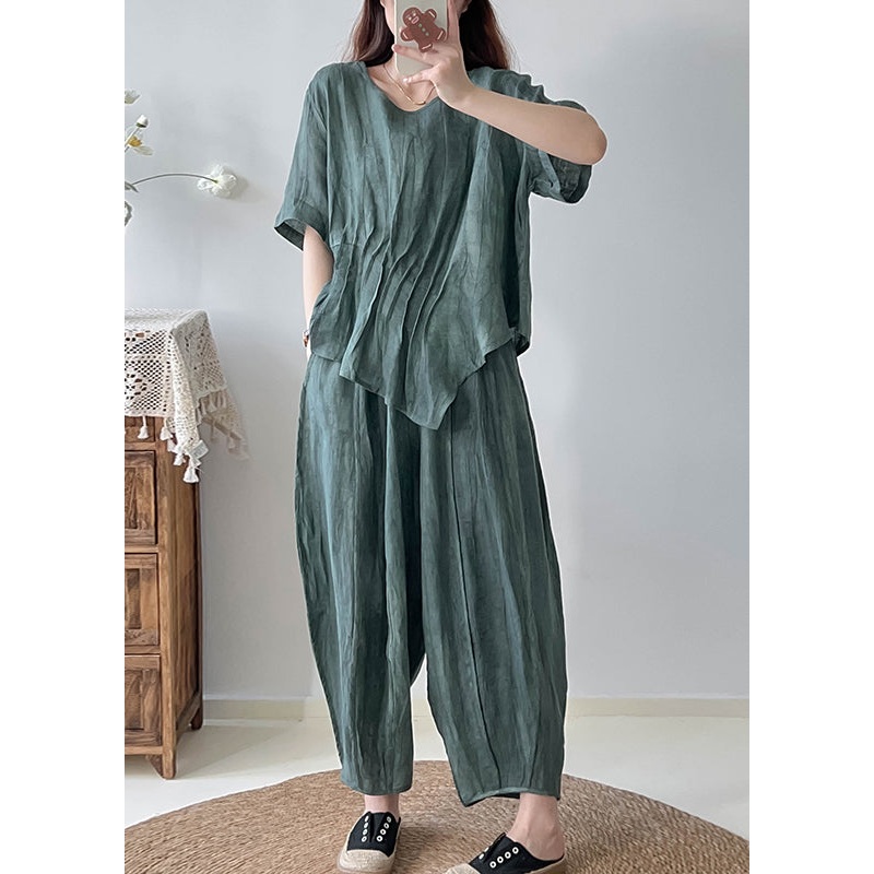 Unique Green Asymmetrical Wrinkled Tie Dye Linen Women Sets 2 Pieces Fall
