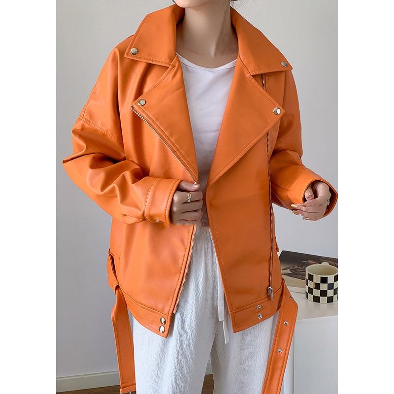 Unique Orange Peter Pan Collar Zippered Patchwork Faux Leather Jacket Fall
