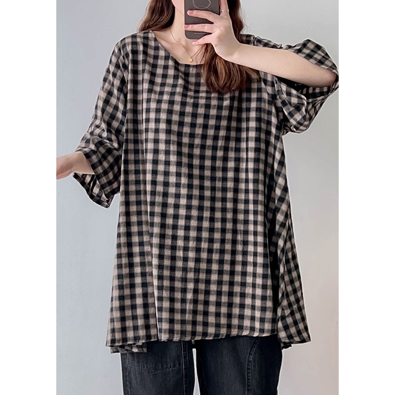 Vintage Black White Plaid Oversized Linen Long Tops Half Sleeve