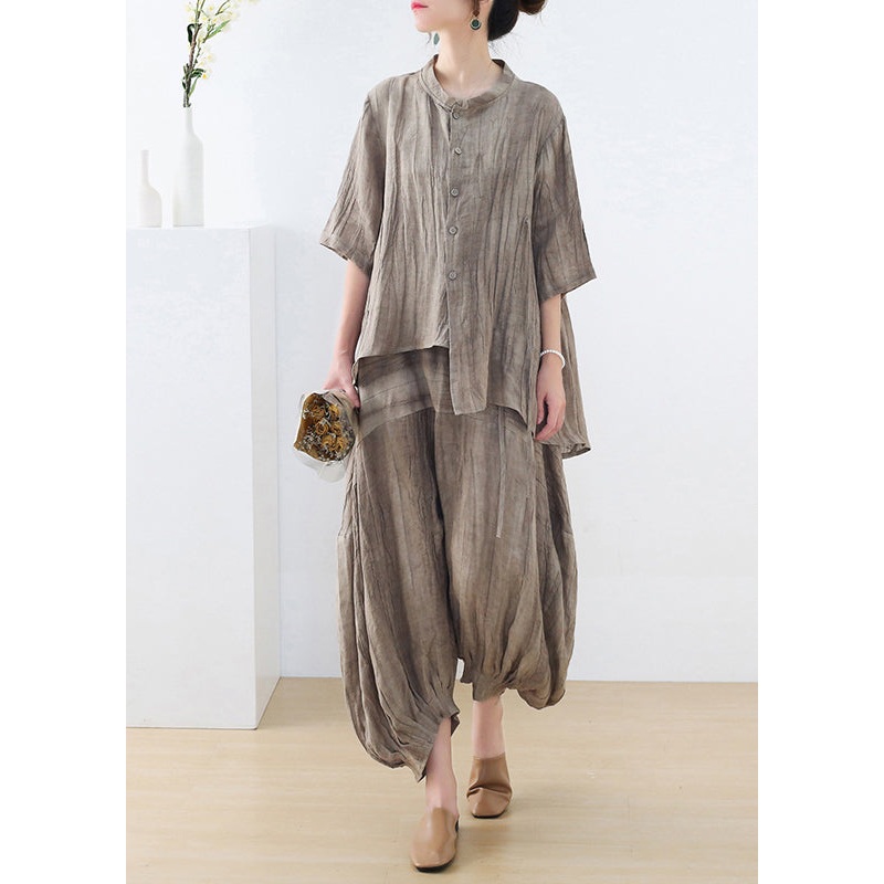 Vintage Khaki Asymmetrical Tie Dye Lace Up Linen Two Pieces Set Fall