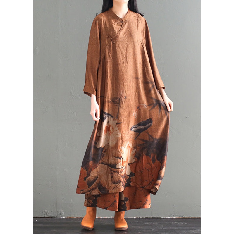 Vintage Khaki Print Chinese Button Silk Two Piece Set Women Clothing Fall
