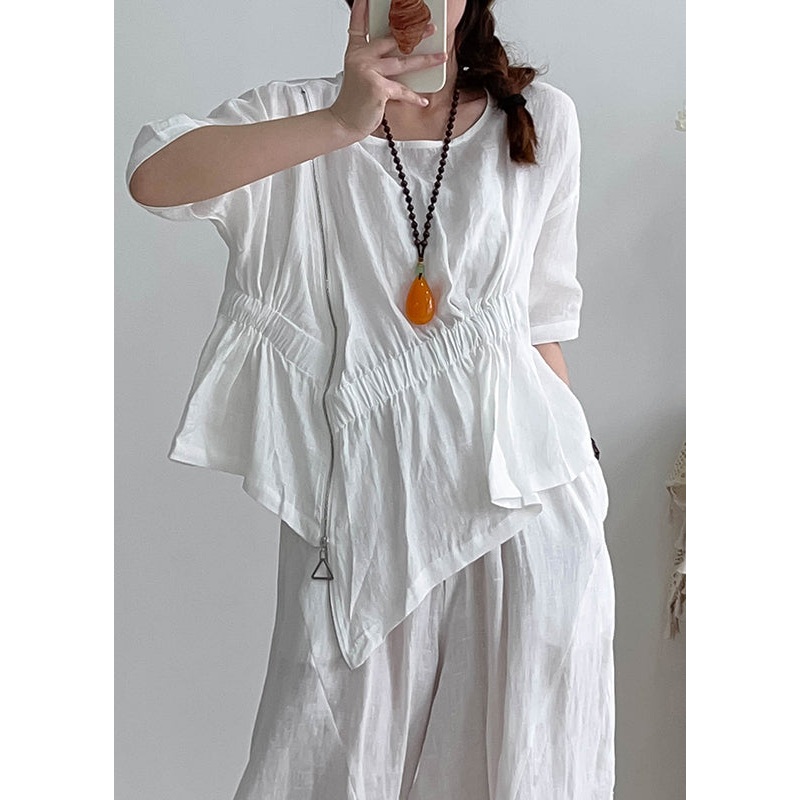 White Loose Linen Shirts Asymmetrical Zippered Summer