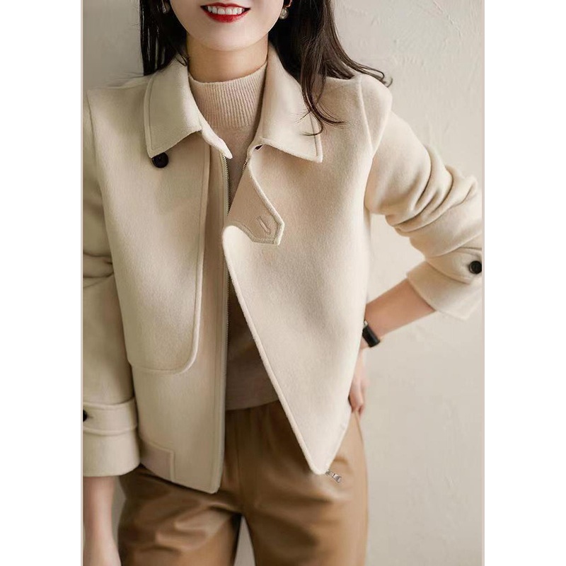 White Woolen Coat Outwear Asymmetrical Peter Pan Collar Fall