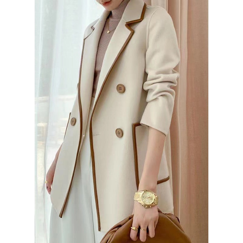 Women Beige Peter Pan Collar Double Breast Woolen Coat Fall