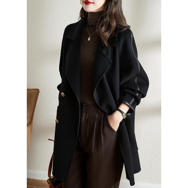 Women Black Double Breast Patchwork Woolen Coat Outwear Fall