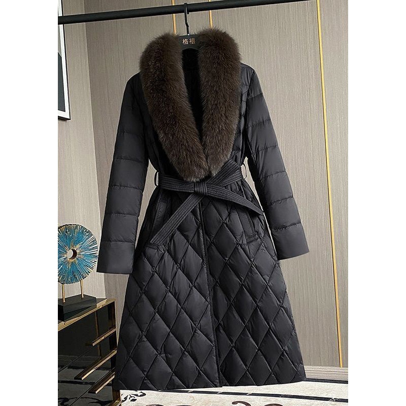 Women Black Fox Collar Slim Fit Duck Down Puffers Jackets Winter