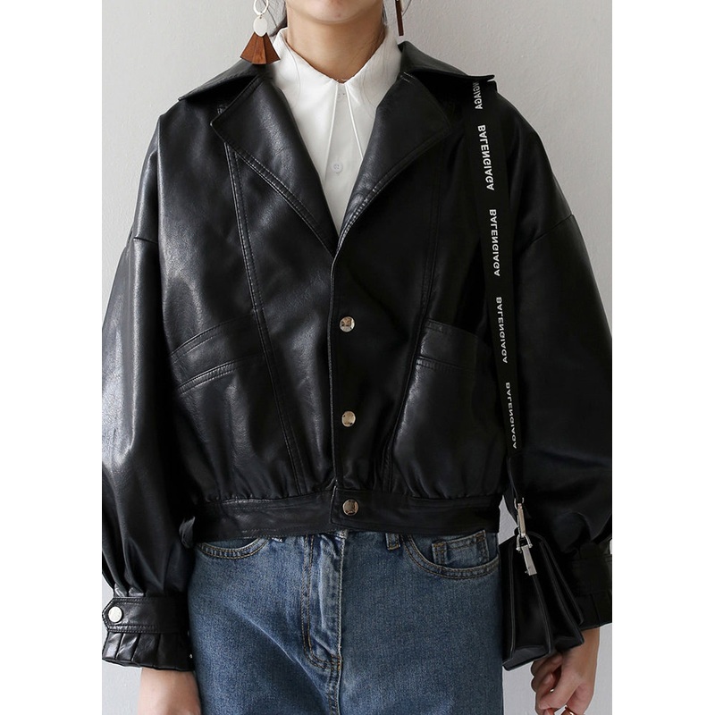 Women Black Peter Pan Collar Pockets Patchwork Faux Leather Jackets Fall