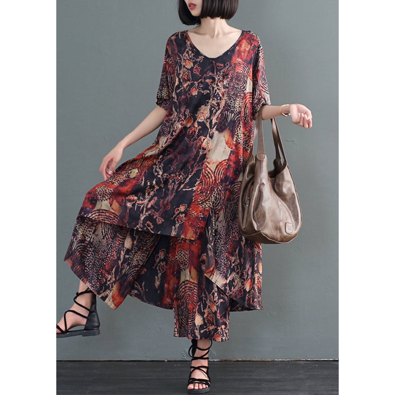 Women Coffee Print Low High Design Silk Holiday Dress And Pant Two Pieces Set Fall