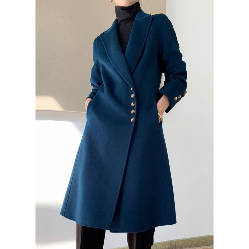 Women Navy Lapel Button Slim Fit Woolen Coats Fall