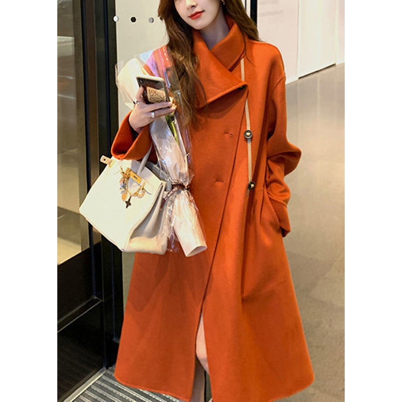 Women Orange Asymmetrical Tie Waist Woolen Trench Fall