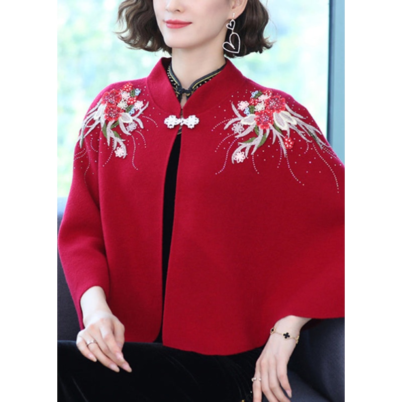 Women Wine Red Stand Collar Embroideried Patchwork Woolen Coats Fall