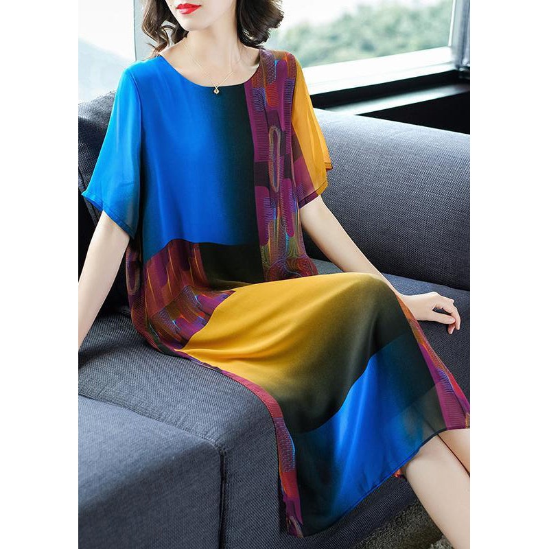 Beautiful Colorblock O Neck Side Open Patchwork Chiffon Dress Summer
