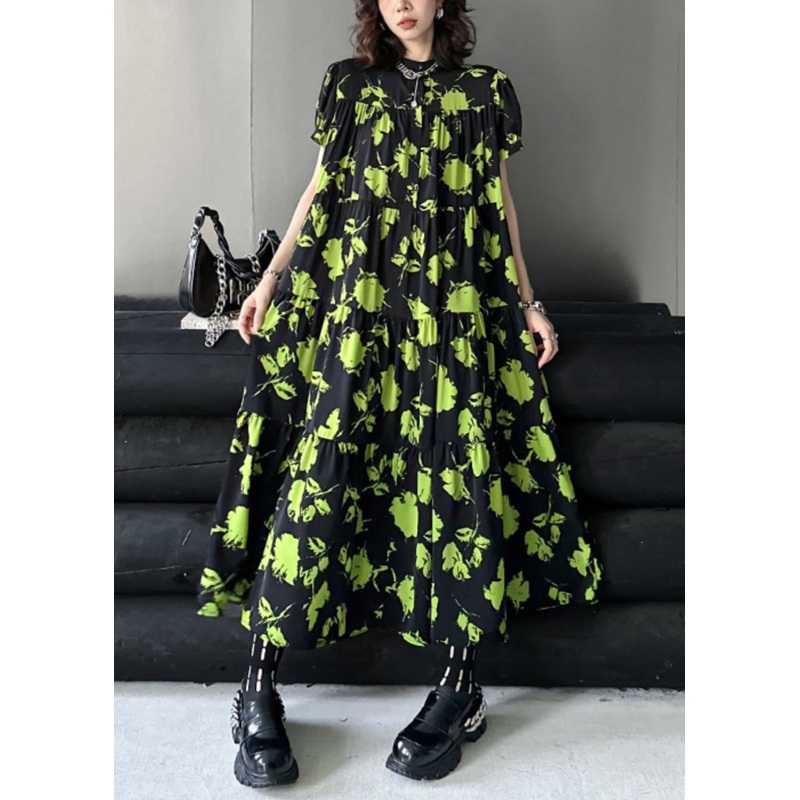 Beautiful Green Print Wrinkled Patchwork Cotton Long Dresses Summer