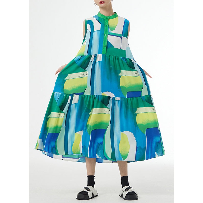 Beautiful Green Stand Collar Print Patchwork Cotton Party Long Dresses Sleeveless