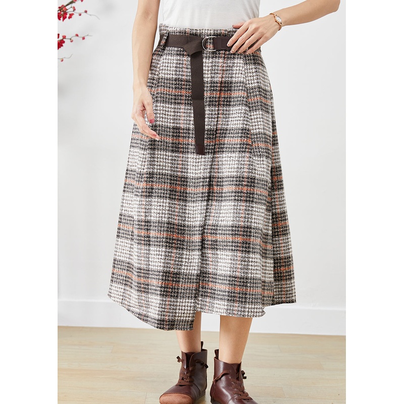 Beige Plaid Woolen Skirts Asymmetrical High Waist Fall