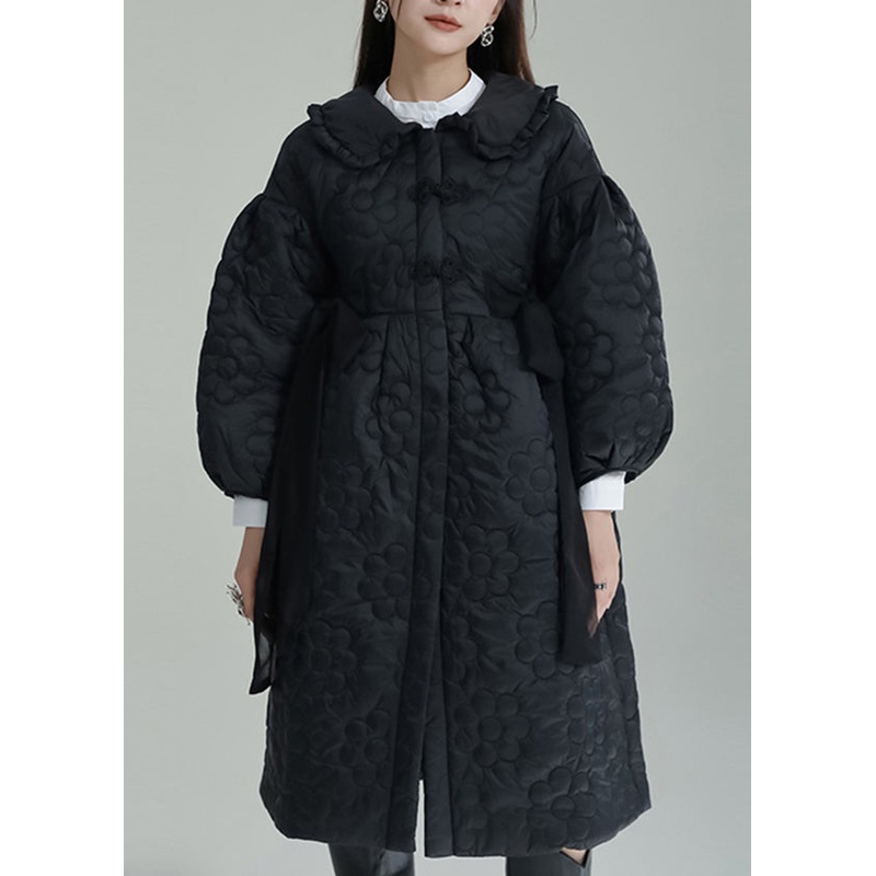 Black Embossed Cotton Filled Coat Peter Pan Collar Lantern Sleeve