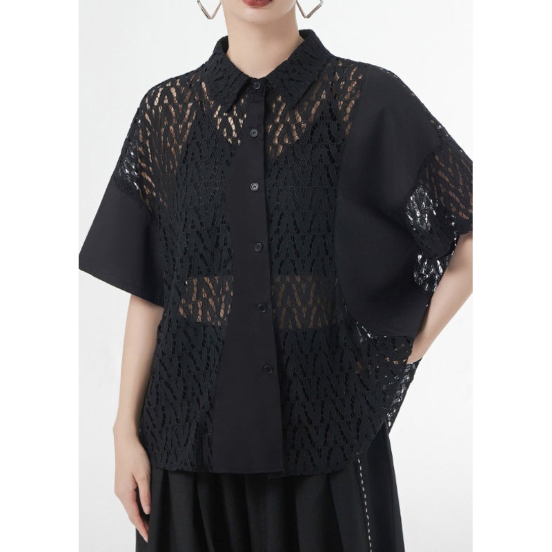 Black Hollow Out Patchwork Lace Shirt Top Peter Pan Collar Short Sleeve