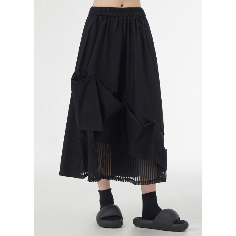 Black Pockets Elastic Waist Patchwork Cotton Skirt Asymmetrical