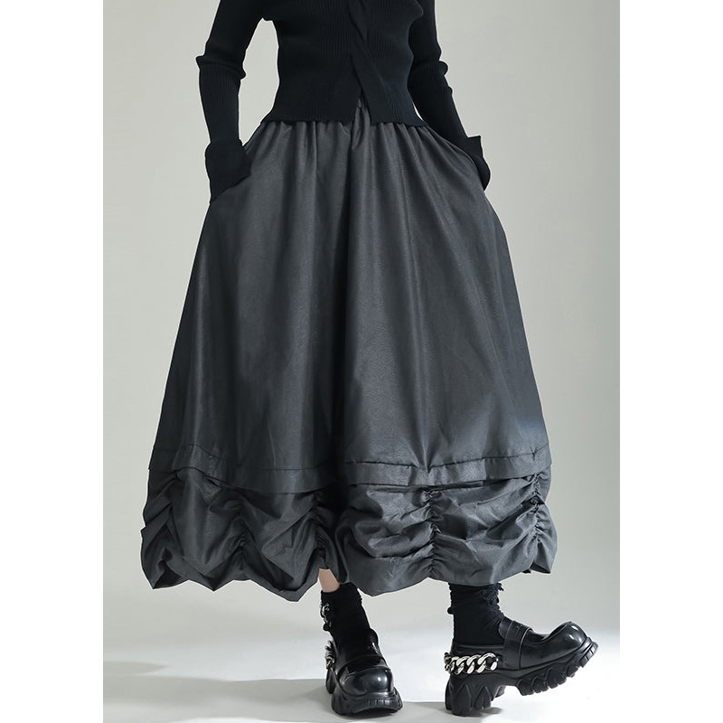 Black Pockets Patchwork Cotton Skirts Wrinkled Elastic Waist Fall