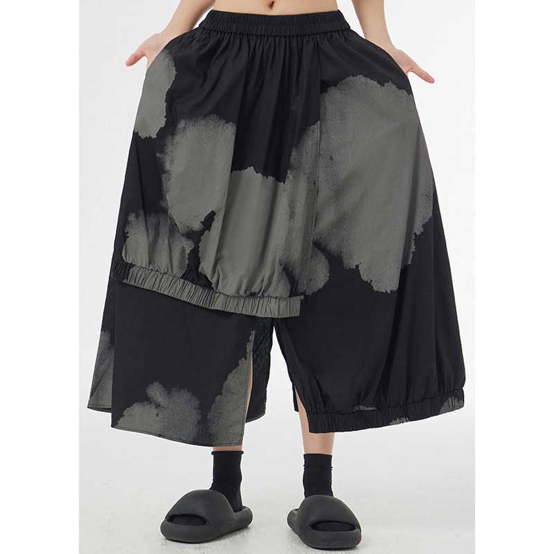 Black Tie Dye Pockets Elastic Waist Patchwork Cotton Skirt Asymmetrical Summer