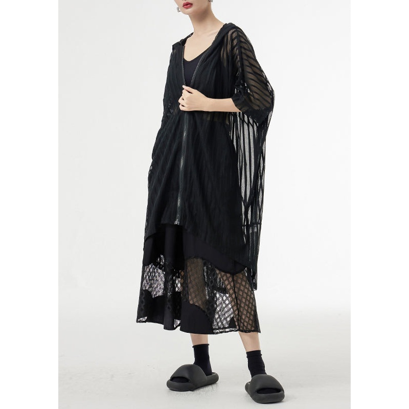 Black Zippered Pockets Patchwork Tulle UPF 50+ Coat Hooded Summer