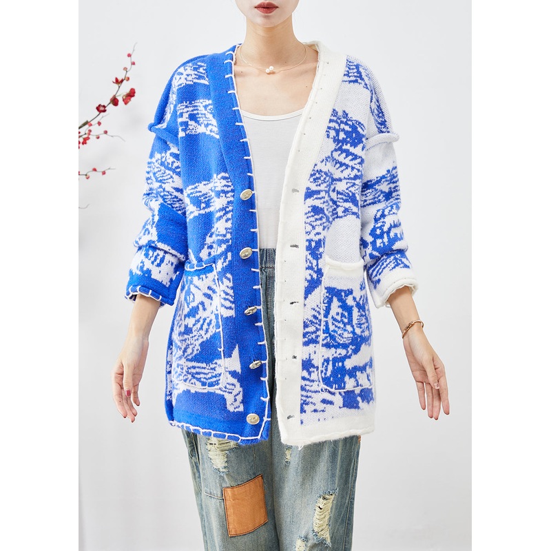 Blue Tie Dye Knit Cardigan Asymmetrical Button Down Fall