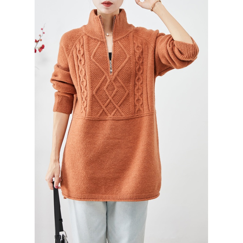 Boho Orange High Neck Zip Up Thick Knit Sweater Tops Winter