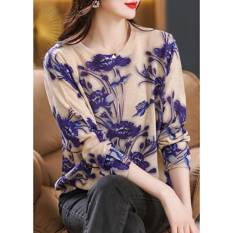 Boho Purple O Neck Print Patchwork Knit Sweaters Fall