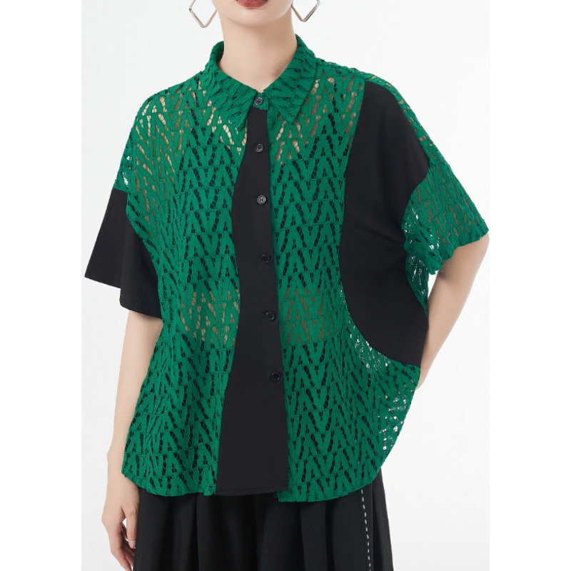Boutique Green Peter Pan Collar Hollow Out Patchwork Lace Shirt Summer