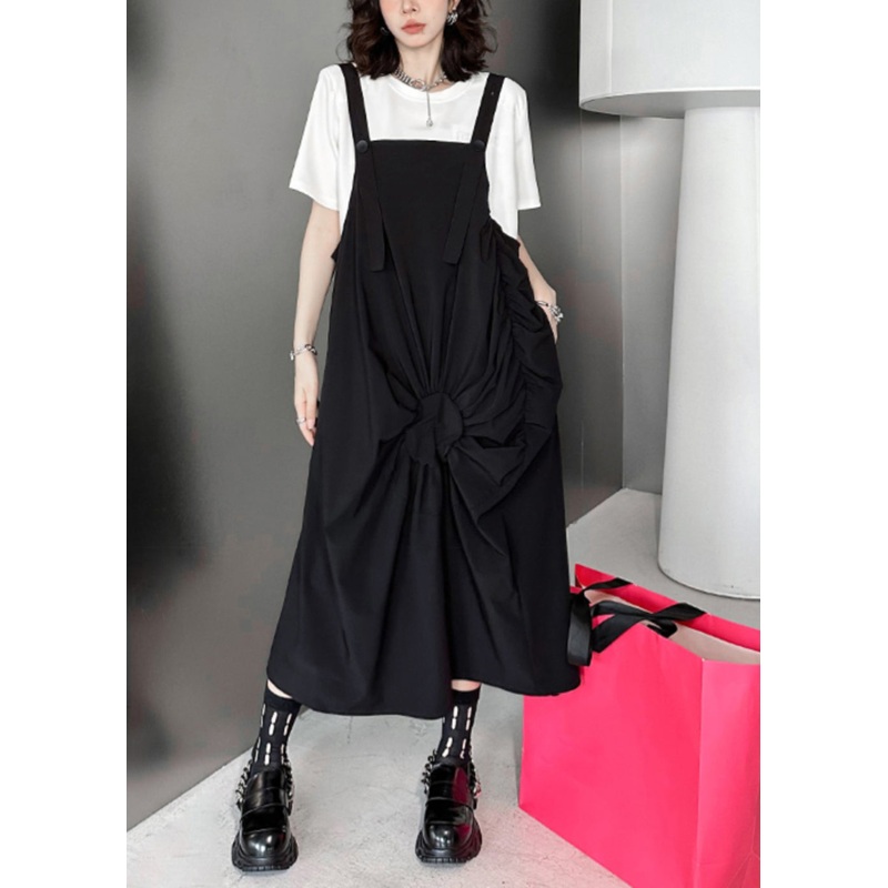 Casual Black Wrinkled Pockets Patchwork Cotton Long Dresses Sleeveless