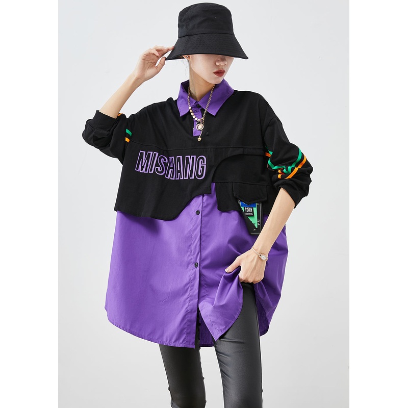 Casual Purple Oversized Patchwork Cotton Fake Two Piece Sweatshirts Top Fall