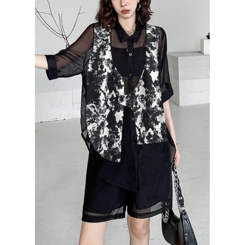 Chic Black Tie Dye Patchwork Shirts And Shorts Cotton Two Piece Set Summer
