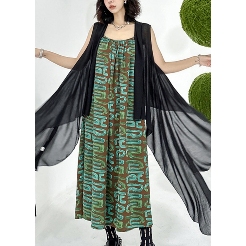 Chic Black Waistcoat And Spaghetti Strap Dress Patchwork Chiffon Two Pieces Set Sleeveless