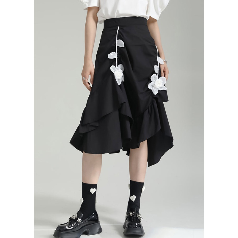 Chic Black Wrinkled Asymmetrical Floral Patchwork Cotton Skirt Fall