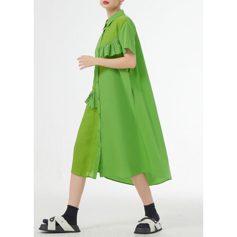 Chic Grass Green Ruffled Button Patchwork Cotton Shirts Dress Summer
