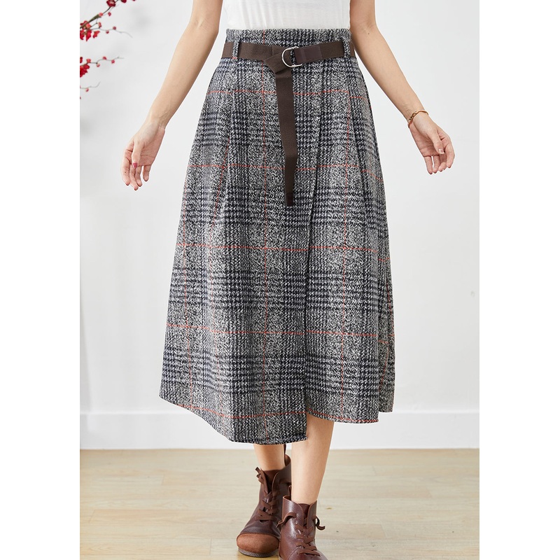 Chic Grey Asymmetrical Plaid Woolen A Line Skirts Fall