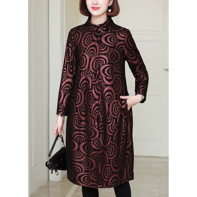 Chic Red Pockets Print Patchwork Sheepskin Coats Fall