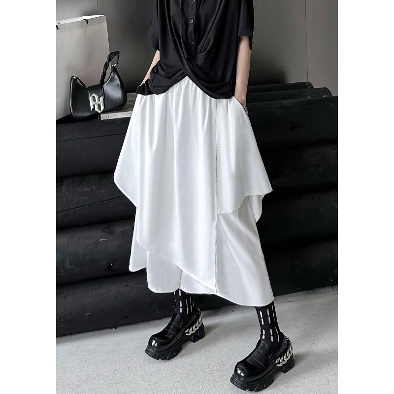 Chic White Asymmetrical Elastic Waist Patchwork Cotton Pants Skirt Fall