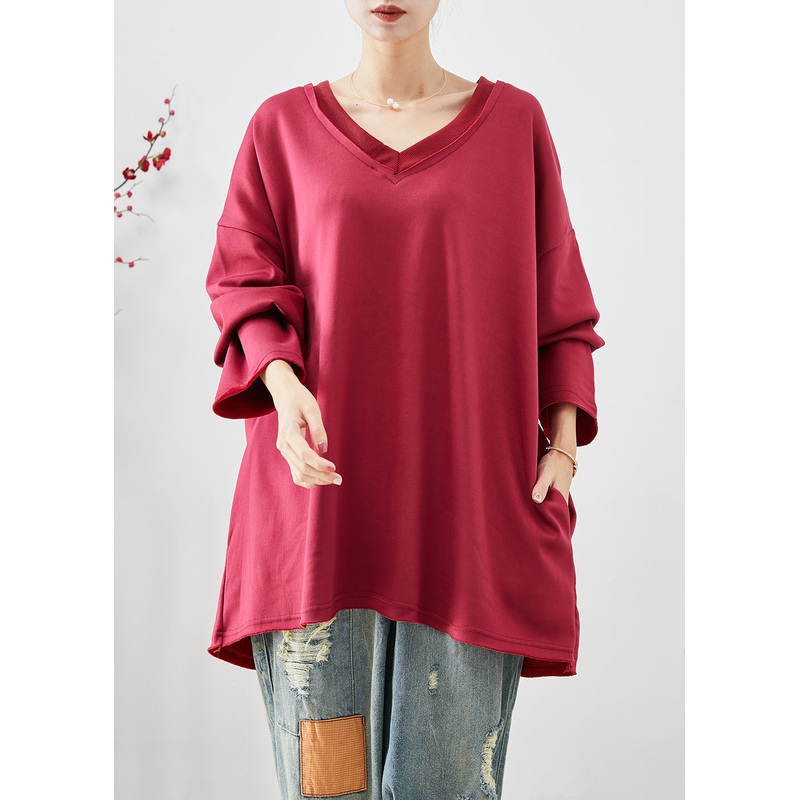 Classy Red Heart Neck Oversized Cotton Loose Sweatshirt Fall