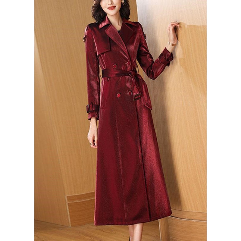 Classy Wine Red Pockets Tie Waist Cotton Long Trench Coats Fall