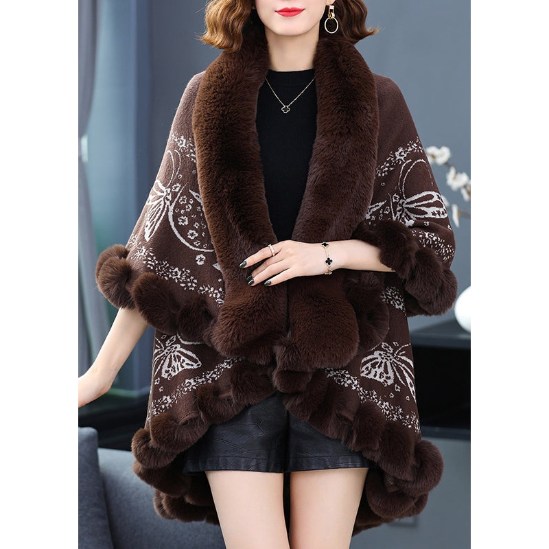 Coffee Print Low High Design Patchwork Woolen Coats Fur Collar Batwing Sleeve