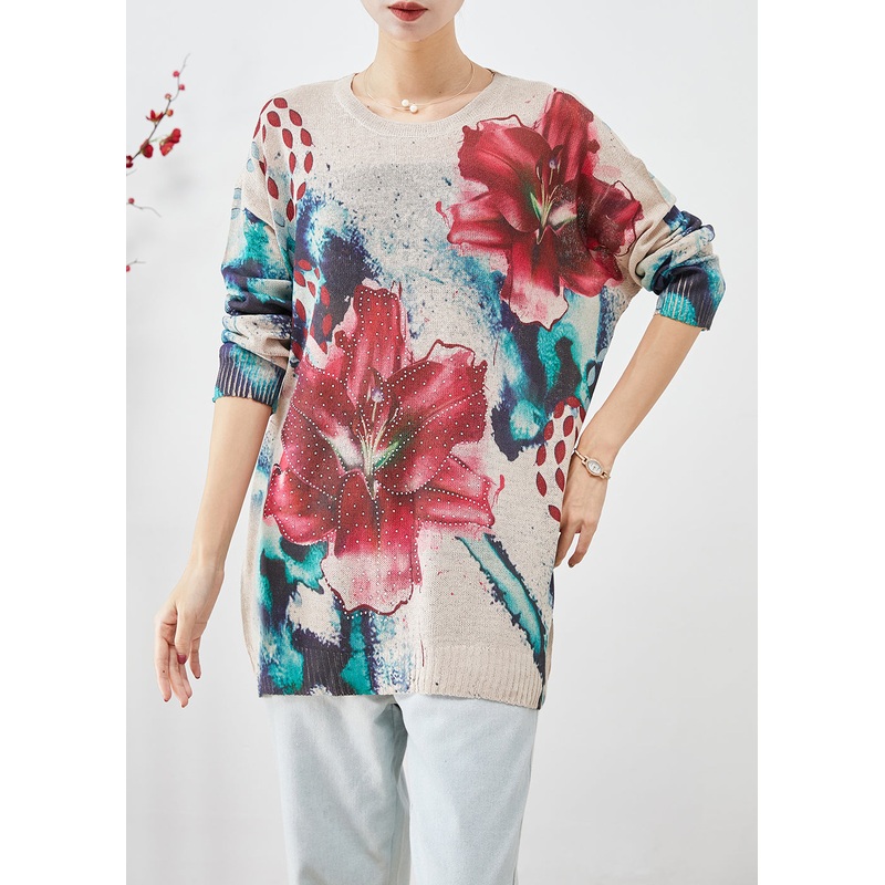Diy Beige Oversized Floral Print Knit Pullover Fall