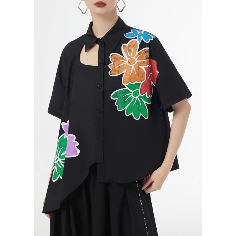 Elegant Black Asymmetrical Print Patchwork Cotton Shirts Short Sleeve