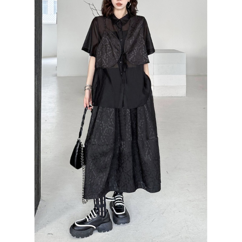 Elegant Black Jacquard Lace Up Patchwork Silk Cotton Two Piece Set Summer