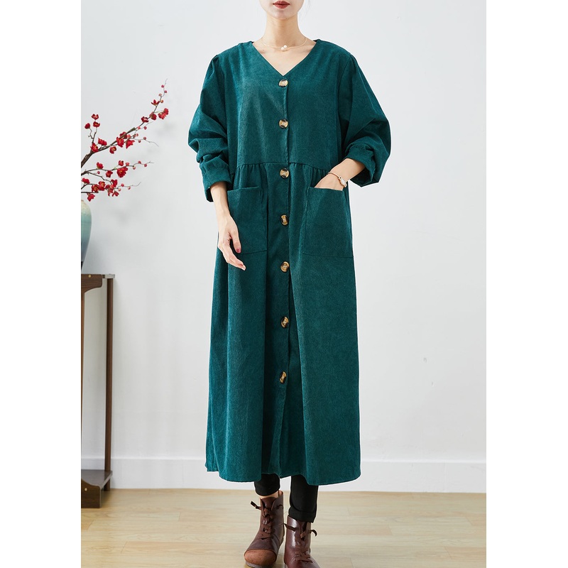 Elegant Blackish Green Oversized Pockets Corduroy Trench Fall