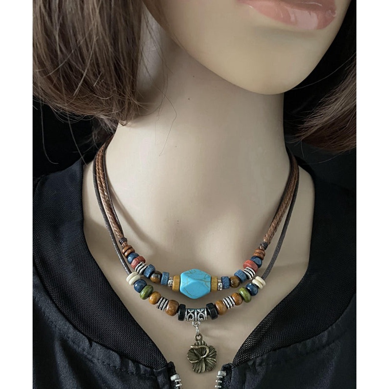Elegant Faux Leather Alloy Turquoise Pendant Necklace
