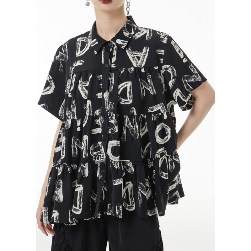 Fashion Black Print Wrinkled Patchwork Silk Shirt Short Sleeve