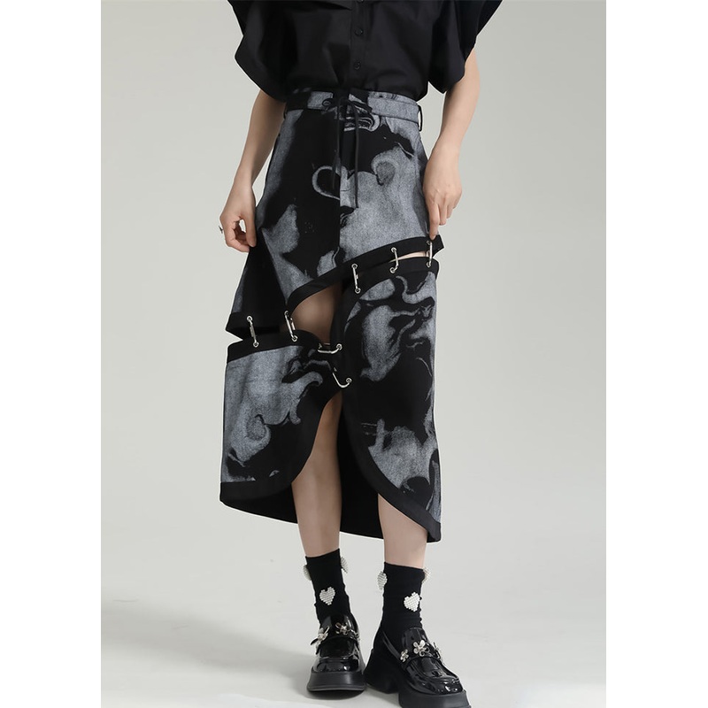 Fashion Grey Asymmetrical Print Pockets Patchwork Cotton Skirt Fall